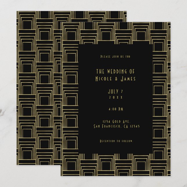 Convites Dourado Preto Art Déco Geométrico Esbelto Retro Ca (Frente/Verso)