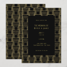 Convites Dourado Preto Art Déco Geométrico Esbelto Retro Ca