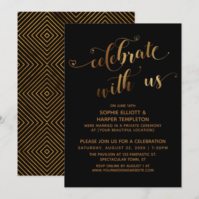 Convites Dourado Preto Celebre Conosco Evento Pós-Casamento (Frente/Verso)