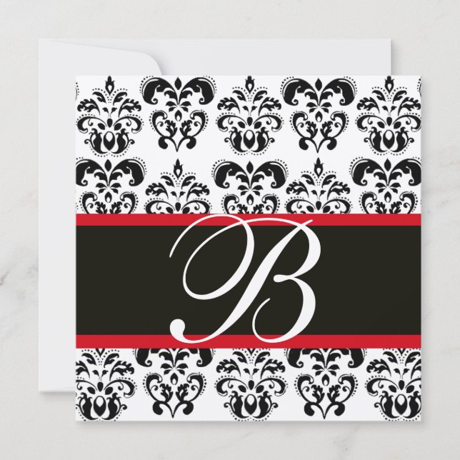 Convites DOURADO & PRETO  DAMASCO MONOGRAMA VERMELHO , bran (Frente)