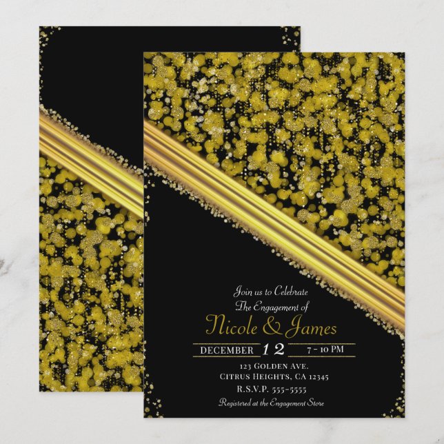 Convites Dourado & Preto Festa de Engajamento Glamour Elega (Frente/Verso)