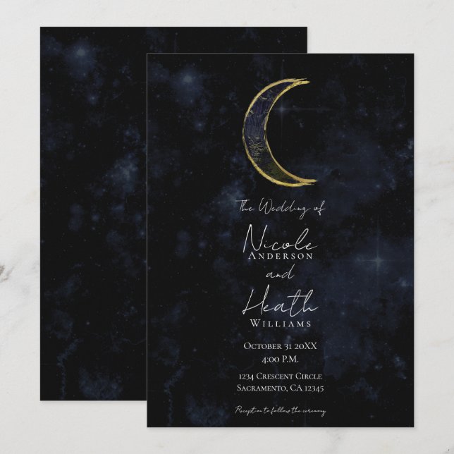 Convites Dourado Preto Lua Celestial Noite Estrelas Casamen (Frente/Verso)