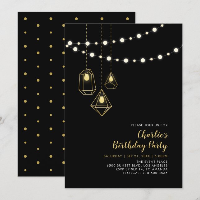Convites Dourado & Preto | Luzes de Corda Modernas para Fes (Frente/Verso)