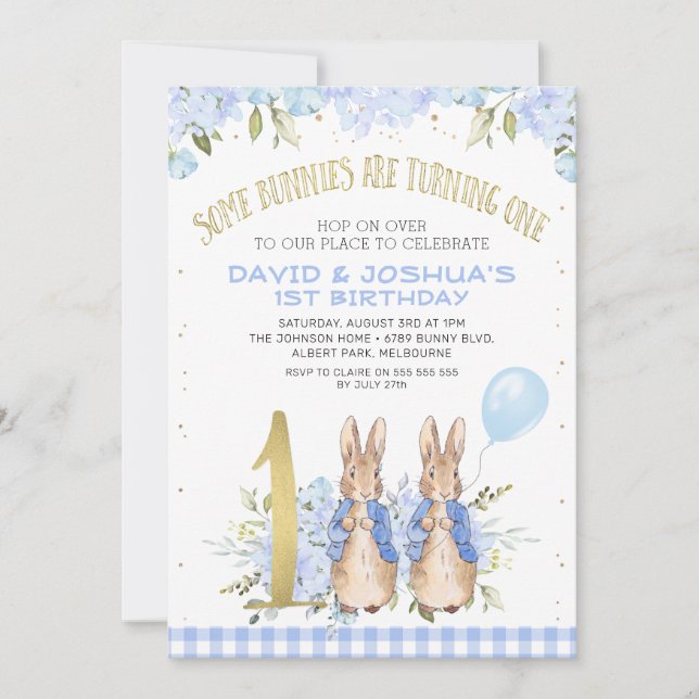 Convites Dourado primeiro aniversario Floral Peter Rabbit G (Frente)