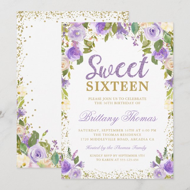 Convites Dourado Purple Floral Sweet Dezesseis 16 Aniversár (Frente/Verso)