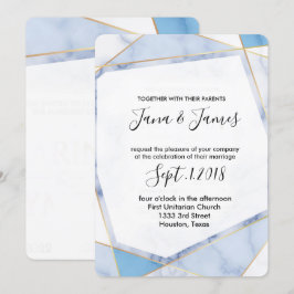 Convites Dourado quadro branco e azul mármore Casamento mod