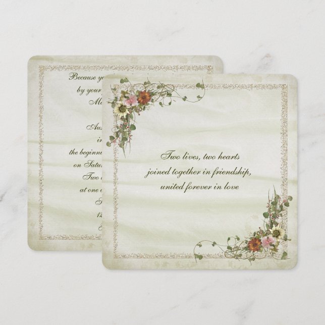 Convites Dourado quadro de brilho com buquê floral (Frente/Verso)