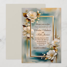 Convites Dourado quadro de fundo branco flores brancas casa