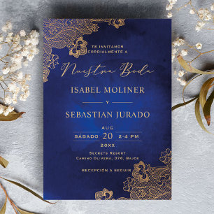 Convites Dourado Quadro Ornamentado Azul Nuestra Boda Espan