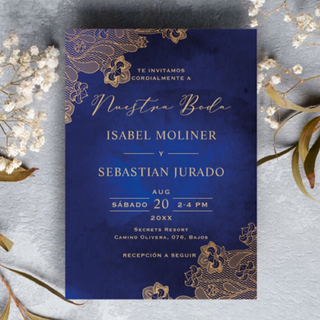 Convites Dourado Quadro Ornamentado Azul Nuestra Boda Espan (Criador carregado)