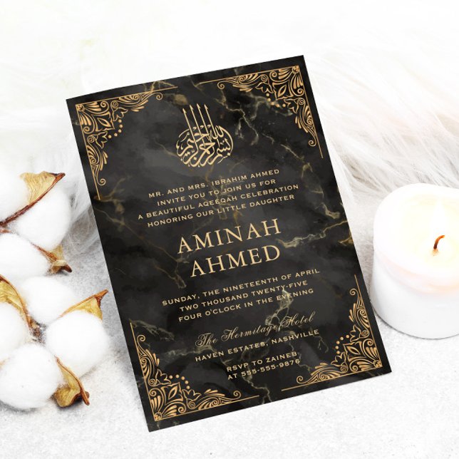 Convites Dourado Quadro Preto Marble Esmagado Aqiqa Aqeqa B (Criador carregado)