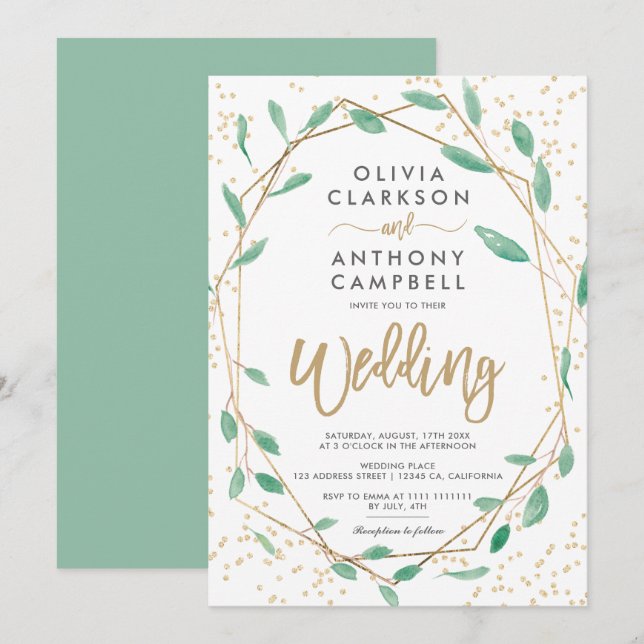 Convites Dourado quadro verde de aquarela casamento (Frente/Verso)