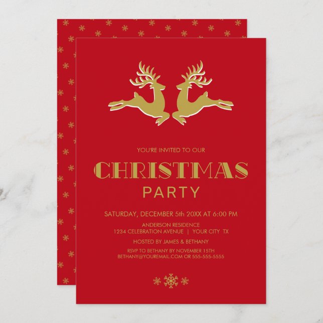 Convites Dourado Reindeer Red Christmas Party (Frente/Verso)