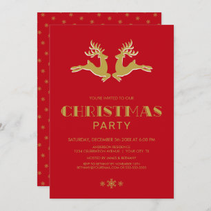 Convites Dourado Reindeer Red Christmas Party
