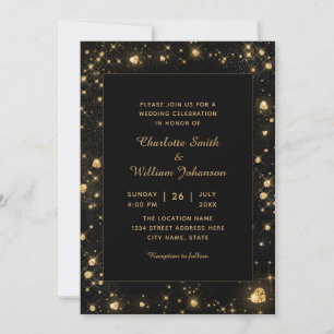 Convites Dourado Romântico Corações de Diamante Preto