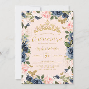 Convites Dourado Rosa Azul-Marinho Floral Borboleta Foto Qu