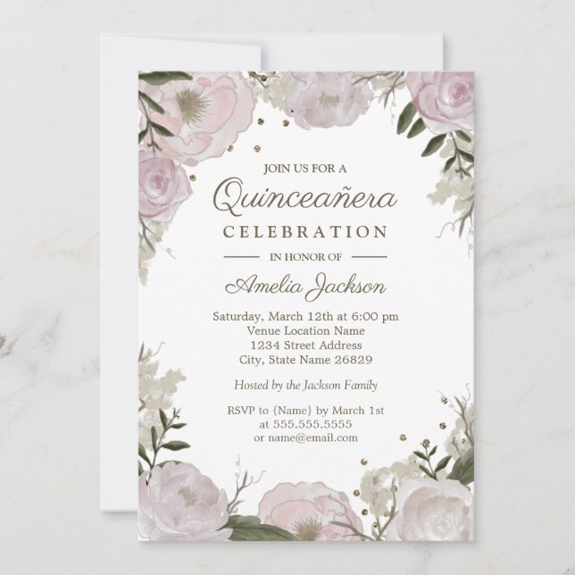 Convites Dourado Rosa Brilho Floral Quinceanera (Frente)