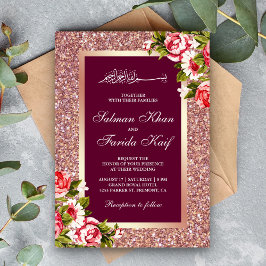 Convites Dourado Rosa Brilho Floral Rosa Islâmico Muçulmano