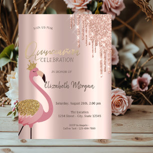 Convites Dourado Rosa Brilho Gotas Flamingo Rosa Quinze Ano