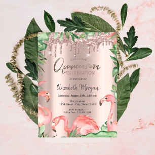 Convites Dourado Rosa Brilho Gotas Flamingos Rosa Quinceañe