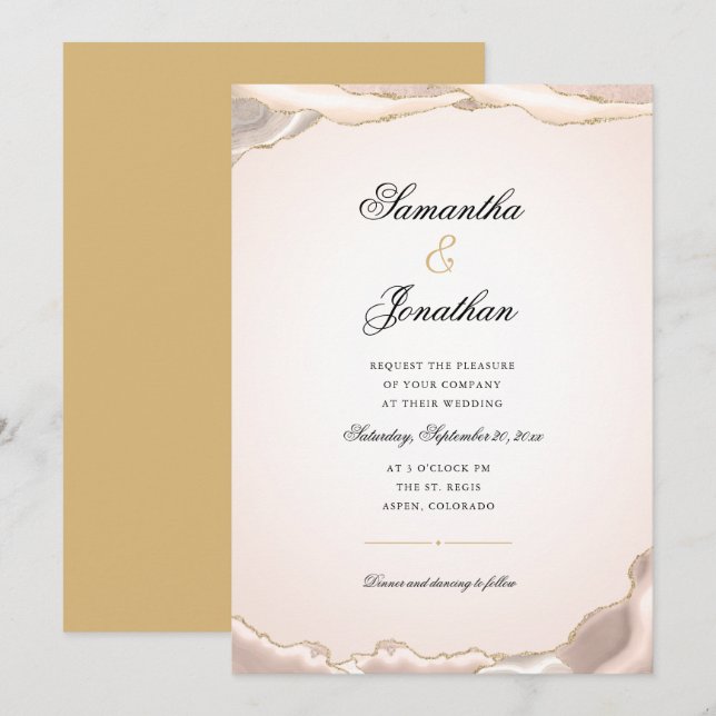 Convites Dourado Rosa Brilho Mármore Ágata Casamento (Frente/Verso)