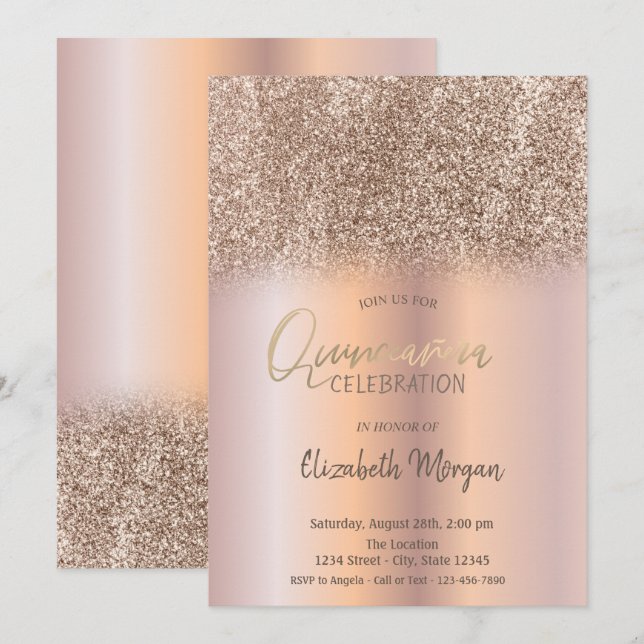 Convites Dourado Rosa Brilho Ombre Quinceañera (Frente/Verso)