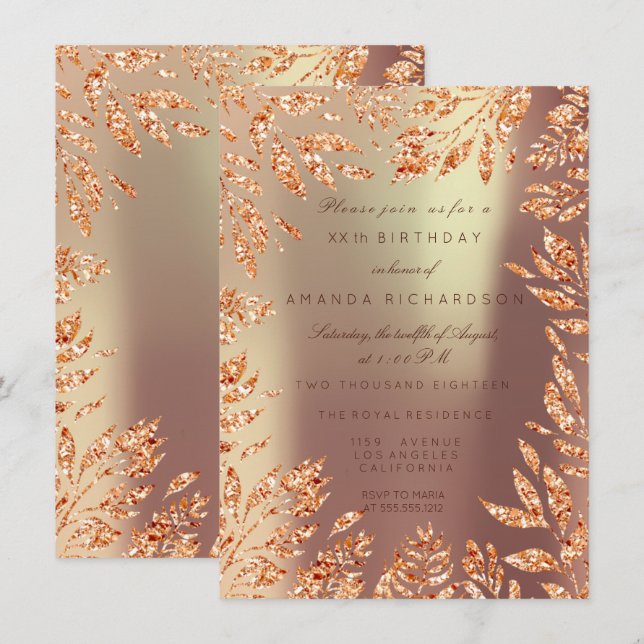 Convites Dourado Rosa Cobre Folhas com Brilho Florais Enqua (Frente/Verso)