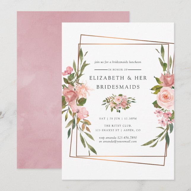 Convites Dourado Rosa de Blush Geométrico Bridesmaids Lunch (Frente/Verso)