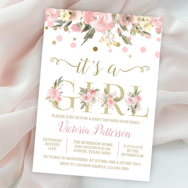 Convites Dourado Rosa É Um Chá de fraldas De Garota (Pretty pink and gold it's a girl baby shower invitation with watercolor flowers.)
