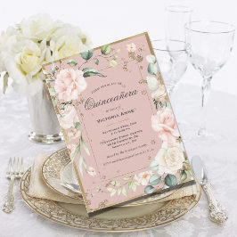 Convites Dourado Rosa Elegante Floral Quinceañera