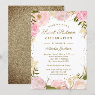 Convites Dourado Rosa Floral Blush Aquarela Doze Anos