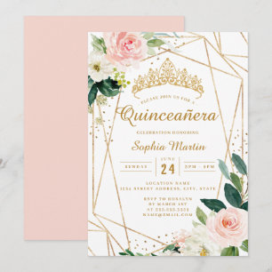 Convites Dourado Rosa Floral Geométrico Quinceanera