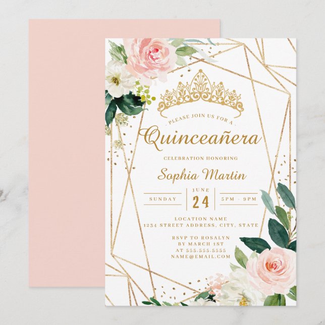 Convites Dourado Rosa Floral Geométrico Quinceanera  (Frente/Verso)