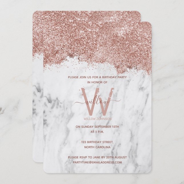 Convites Dourado Rosa Mármore Branco Brilho Aniversário de  (Frente/Verso)