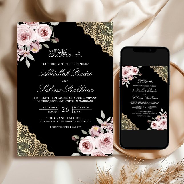 Convites Dourado Rosa Poeira Renda Código QR Casamento Muçu (Criador carregado)