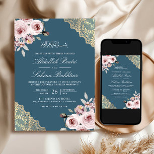 Convites Dourado Rosa Poeirento Código QR de Renda Azul Cas