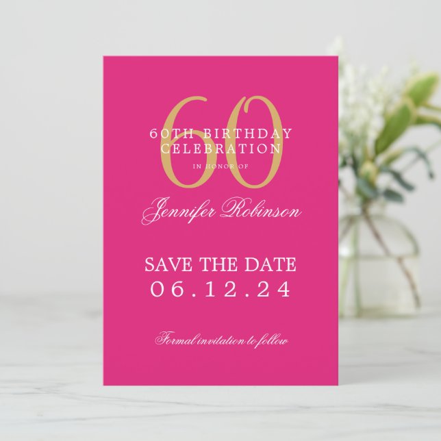 Convites Dourado Rosa Quente 60º Aniversário Salvar a Data (Em pé/Frente)