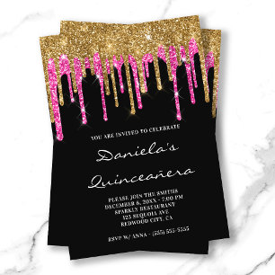 Convites Dourado Rosa Quente Brilho Gotas Preto Quinze Anos