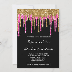 Convites Dourado Rosa Quente Brilho Gotas Preto Quinze Anos