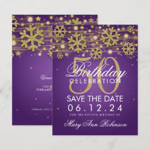 Convites Dourado roxo 50º aniversário Data de salvamento