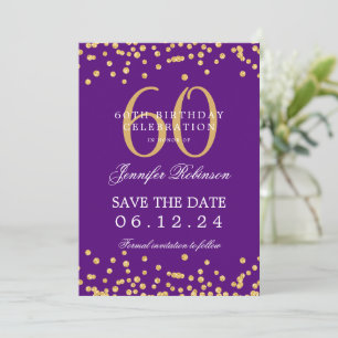 Convites Dourado roxo 60º aniversário Salve os detalhes da