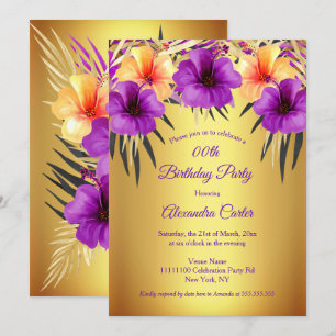 Convites Dourado Roxo Amarelo Festa de Aniversário Hibisco 