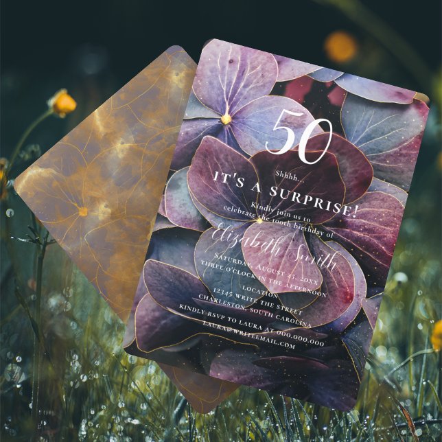 Convites Dourado Roxo Azul Hydrangea Surpresa 50º Aniversár (Criador carregado)