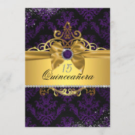 Convites Dourado Roxo Damask Quinceanera Convide
