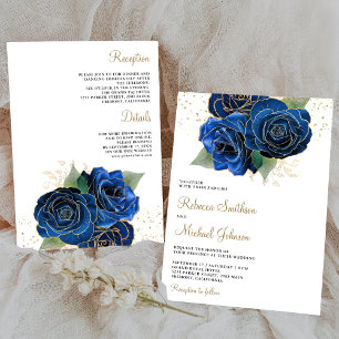 Convites Dourado Royal Azul Floral Vestido de Noiva Tudo em
