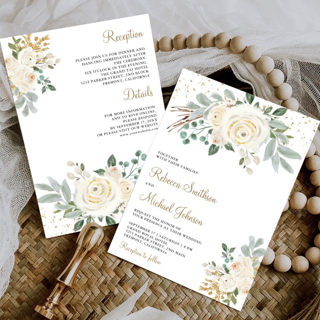 Convites Dourado Rústico Marfim Floral Tudo em Um Casamento (Criador carregado)