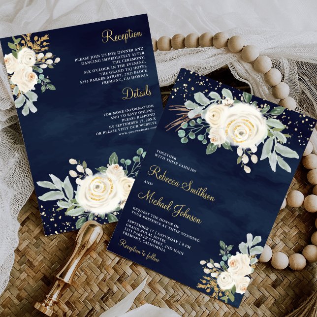 Convites Dourado Rústico Marfim Floral Tudo em Um Casamento (Criador carregado)