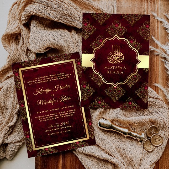 Convites Dourado Rústico Vermelho Marrom Damasko Casamento  (Criador carregado)