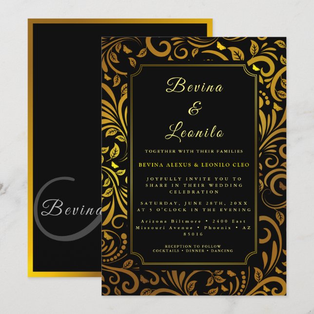 Convites Dourado Script Botânico Invisível M | Casamento (Frente/Verso)