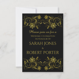Convites Dourado Script em Preto com Casamento design de Fi